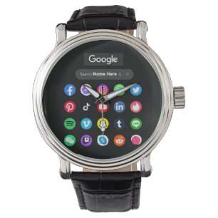 Trendy social media iconen Google zoekbalk zwart Horloge