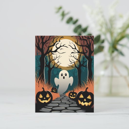 Trendy spooky Halloween Pumpkin Ghost Moon forest Briefkaart (Staand voorkant)