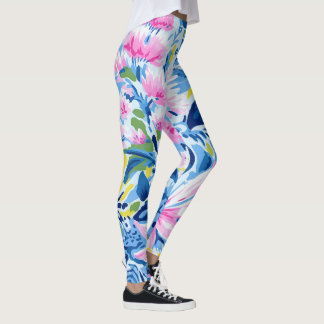 Trendy Stijlvol Blauw Roze Lilly Bloemenpatroon Leggings