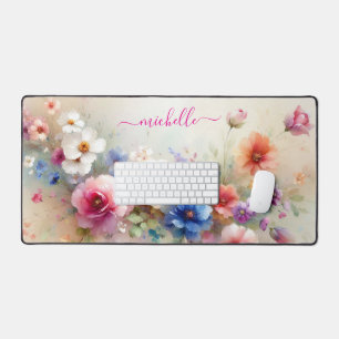 Trendy stijlvolle aquarel bloemen aangepaste naam bureaumat
