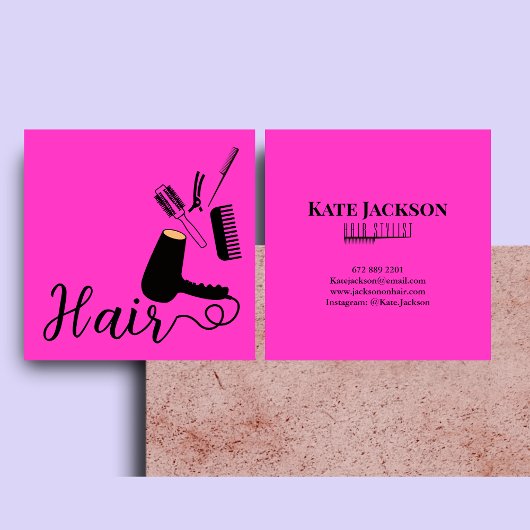 Trendy Stijlvolle Hair Stylist Zwart & Roze Vierkante Visitekaartje