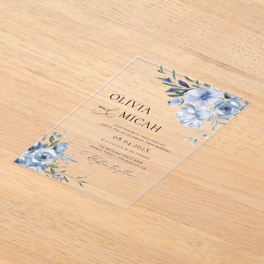 Trendy stoffige blauwe bloemenbruiloft acryl uitnodigingen (Laagn)