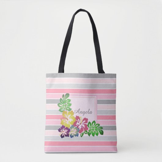 Trendy Striped, Hawaii Hibiscus - Personalized Draagtas (Voorkant)