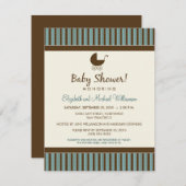Trendy Stripes Baby shower Invitation (blauw/bruin Kaart (Voorkant / Achterkant)