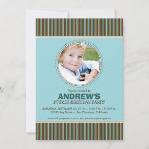 Trendy Stripes Boy's Blue Birthday Party Invite Kaart