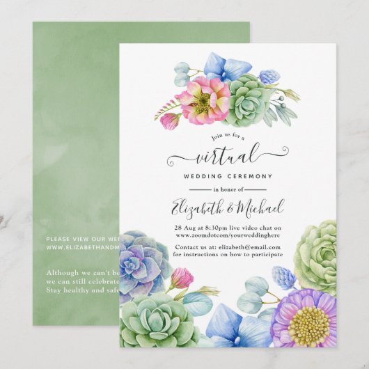 Trendy Succulent Floral Online Virtual Wedding Kaart (Voorkant / Achterkant)