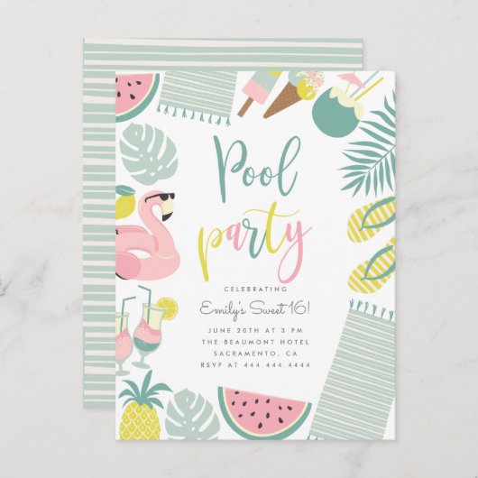 Trendy Summer Pool Party Script Sweet 16 Birthday Uitnodiging Briefkaart (Voorkant / Achterkant)