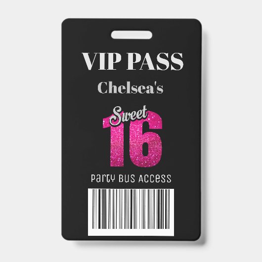 Trendy Sweet 16 Bus Access Barcode Invitation VIP Badge (Voorzijde)