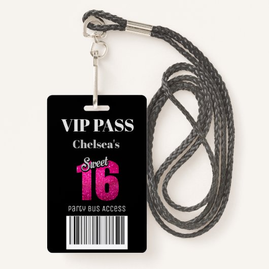 Trendy Sweet 16 Bus Access Barcode Invitation VIP Badge (Voorkant met draagriem)