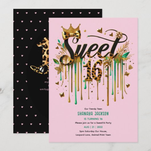 Trendy Sweet 16 Luipaardprint Groene Roze Goud Kaart (Voorkant / Achterkant)