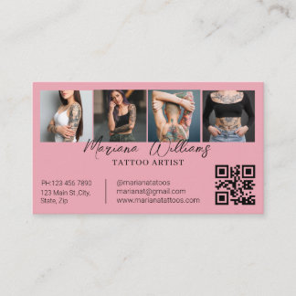 Trendy Tattoo-artiest QR-code 4 foto collage roze Visitekaartje