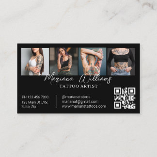 Trendy Tattoo Artiest QR Code 4 Foto Collage Zwart Visitekaartje