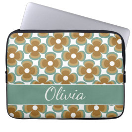 Trendy Teal Caramel Retro Groovy Flowers Seamless Laptop Sleeve
