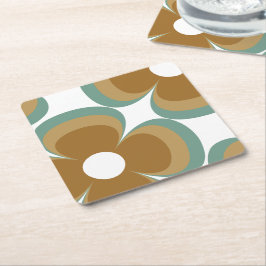 Trendy Teal Caramel Retro Groovy Flowers Seamless Vierkante Kartonnen Onderzetter