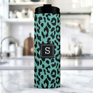 Trendy Teal Luipaard Dierenprint Monogram Thermosbeker