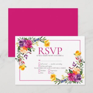 Trendy Technicolor Boho Floral Wedding RSVP Kaartje