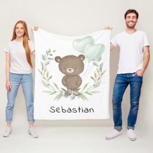 Trendy Teddy Bear Neutral Greenery Baby Nursery Fleece Deken