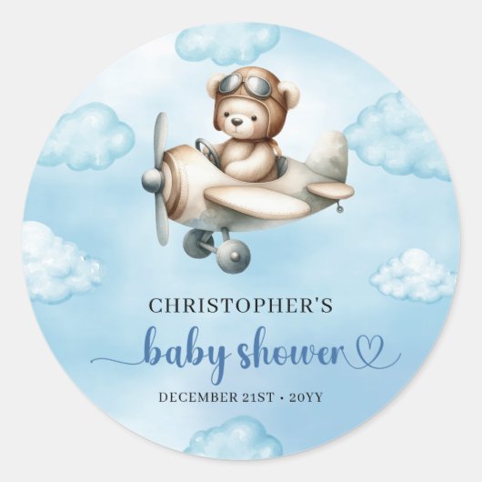 Trendy Teddy Bear Pilot Airplane Blue Brown Baby Ronde Sticker (Voorkant)