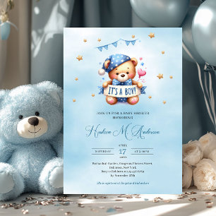 Trendy teddybeer het is een baby shower voor jonge kaart