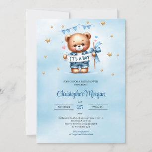 Trendy teddybeer het is een baby shower voor jonge kaart