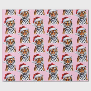 Trendy Tijger met Kerstman Hoed Kerstmis roze Cadeaupapier