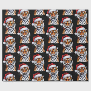 Trendy Tijger met Kerstman Hoed Kerstmis Zwart  Cadeaupapier