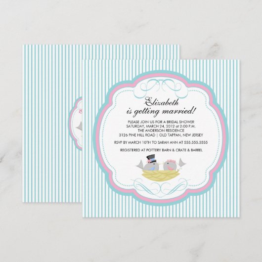Trendy Tortelduifjes Bridal Shower Invitation Blue Kaart (Voorkant / Achterkant)