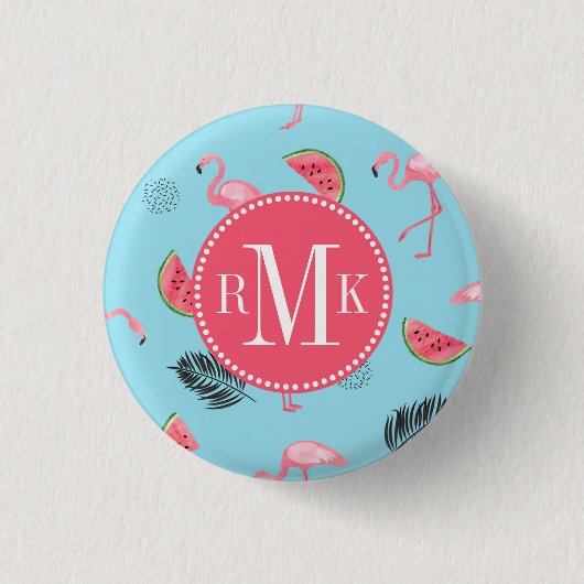 Trendy Tropical Flamingo & Watermelon Pattern Ronde Button 3,2 Cm (Voorkant)