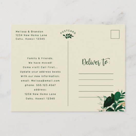 Trendy tropisch thema ons nieuwe adres verhuizen aankondigingskaart (Achterkant)