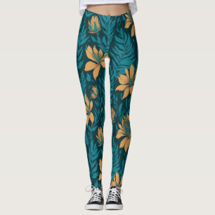 Trendy Turquoise Bladeren Oranje Tropisch Bloemmot Leggings