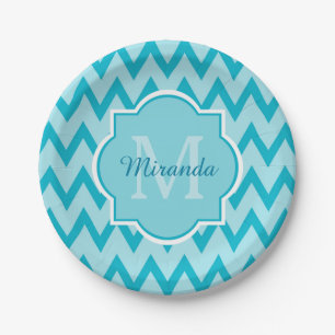 Trendy Turquoise Chevron Zigzag Naam en Monogram Papieren Bordje
