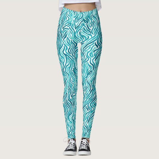 Trendy Turquoise Ocean Waves Waterverf Pattern Leggings (Voorkant)