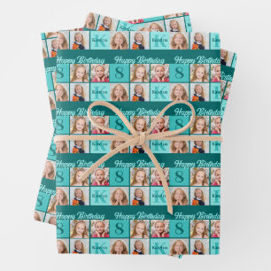 Trendy Turquoise Verjaardagsfeest Aangepaste Foto Inpakpapier Vel