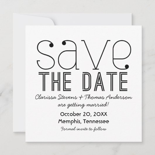 Trendy typografie Save the Date uitnodiging, Zwart Kaart (Voorkant)