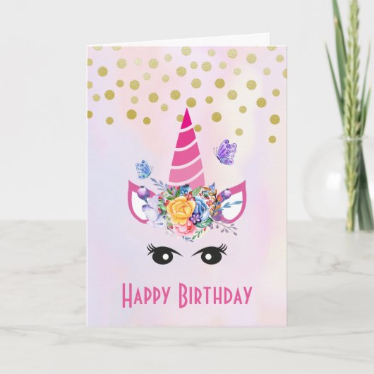 Trendy Unicorn met Flowers Butterflies en Confetti Kaart (Voorkant)