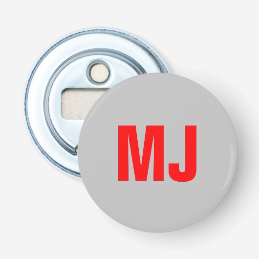 Trendy unieke grijs rood vet monogram naam initial button flesopener (Voorkant)