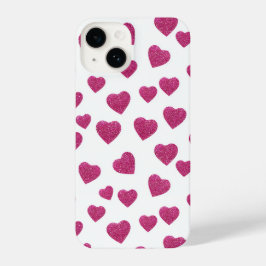 Trendy Valentine Pink Glitter Hearts on White iPhone 14 Hoesje
