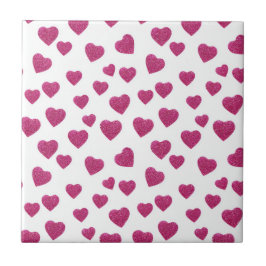 Trendy Valentine Pink Glitter Hearts on White Tegeltje