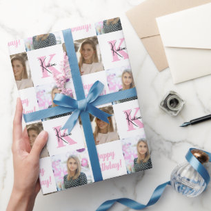 Trendy verjaardag collage foto   Monogram Gift Cadeaupapier