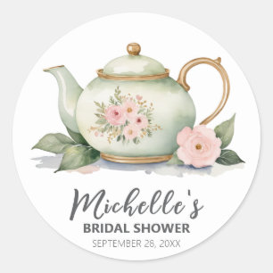 Trendy Watercolor Bloem Aardewerk Theepot Bruidsdo Ronde Sticker