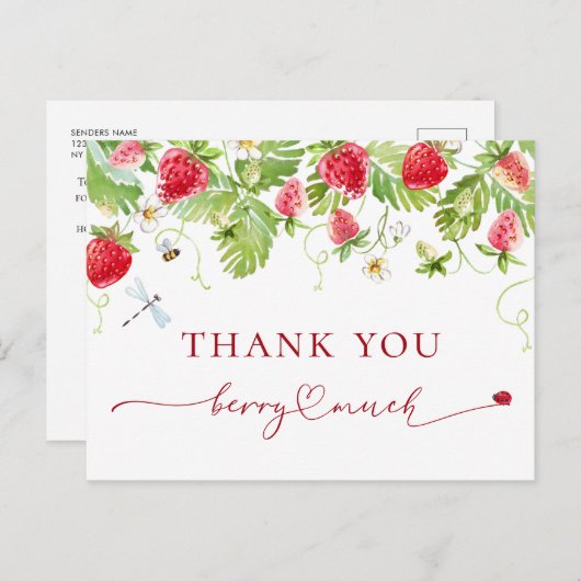 Trendy Waterverf Aardbei Baby shower Dank u Briefkaart (Voorkant / Achterkant)