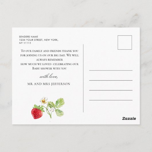 Trendy Waterverf Aardbei Baby shower Dank u Briefkaart (Achterkant)