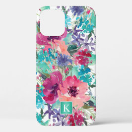 Trendy Waterverf Bloempatroon met elk Monogram iPhone 12 Pro Hoesje