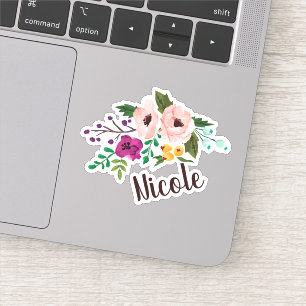 Trendy Waterverf Floral met naam Sticker
