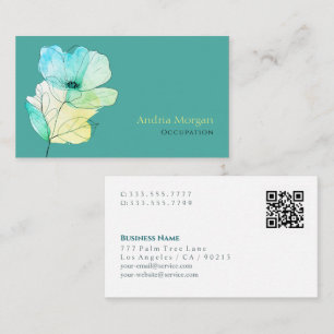 Trendy Waterverf Flower, naam, QR-code, Blauwgroen Visitekaartje