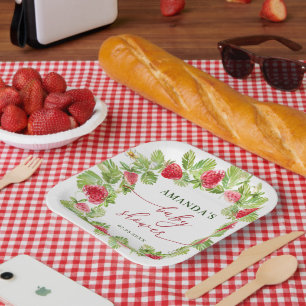 Trendy Waterverf Meadow Strawberry Baby shower Papieren Bordje