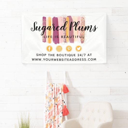 Trendy Waterverf Paint Strokes Plum Paars & Gold Spandoek (Insitu)