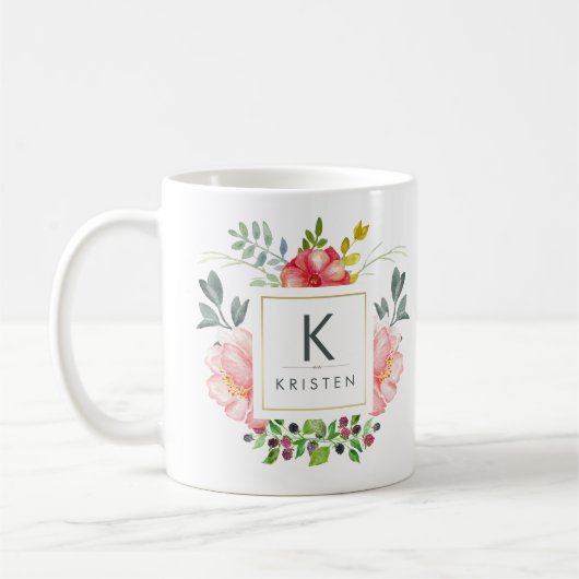 Trendy Waterverf Peony Flowers Monogram Mok (Links)