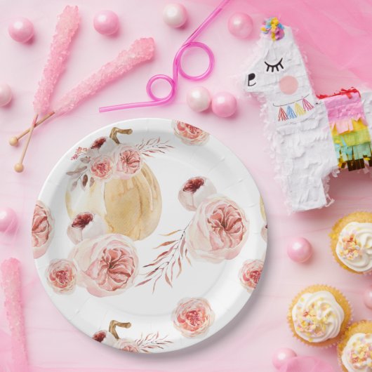 Trendy Waterverf Pompoen & Bloemen | Herfst Valeri Papieren Bordje (Feest)