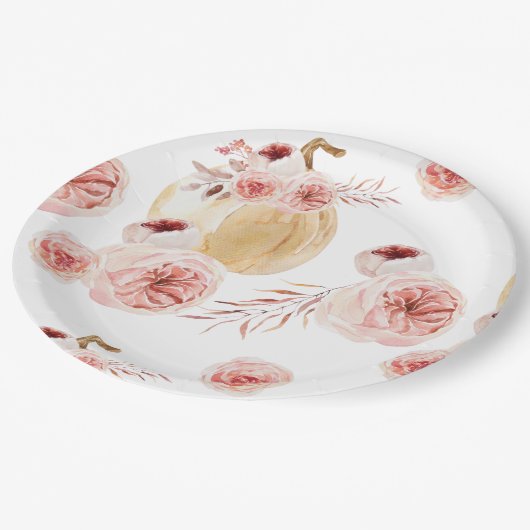 Trendy Waterverf Pompoen & Bloemen | Herfst Valeri Papieren Bordje (Gekanteld)